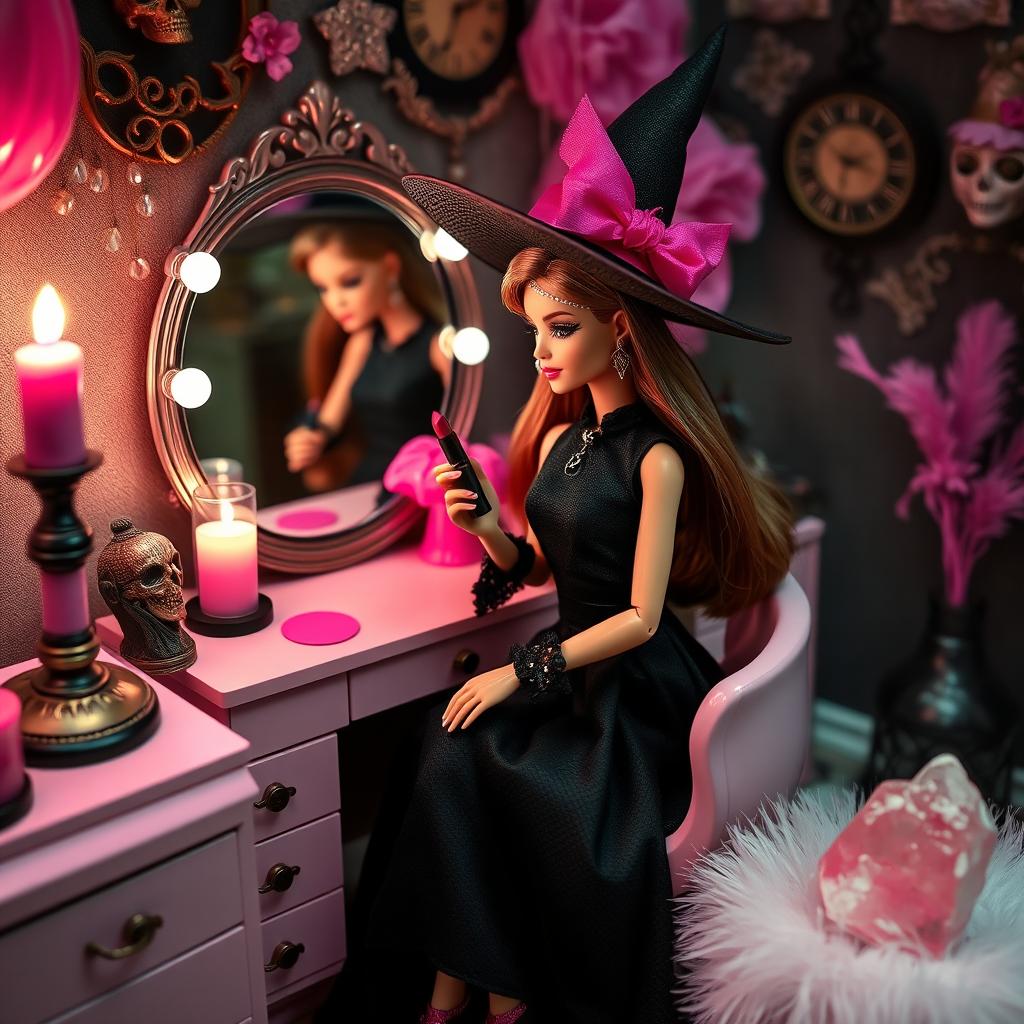 A young Barbie styled as a dark witch, dressed in modern witch attire, sitting elegantly in front of her vanity