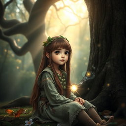 A beautiful girl with long brown hair and big round brown eyes, possessing a cute and enchanting face