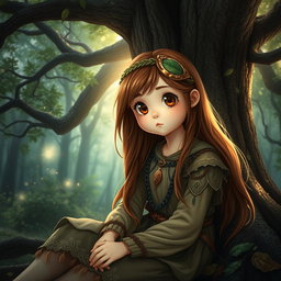 A beautiful girl with long brown hair and big round brown eyes, possessing a cute and enchanting face