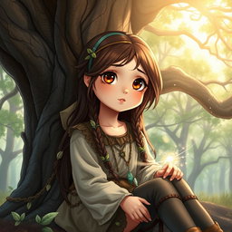 A beautiful girl with long brown hair and big round brown eyes, possessing a cute and enchanting face