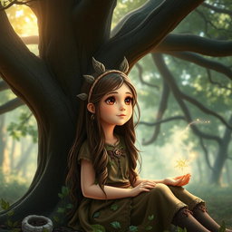 A beautiful girl with long brown hair and big round brown eyes, possessing a cute and enchanting face