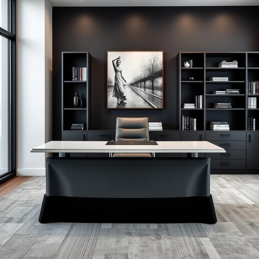 A modern office interior featuring a sleek straight desk with a black and gray skirting, exuding elegance