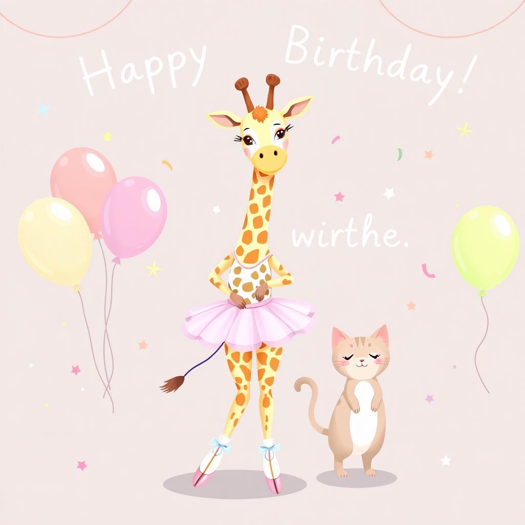 A delicate and modern illustration of a giraffe wearing a ballerina costume, alongside its friend, a cute cat
