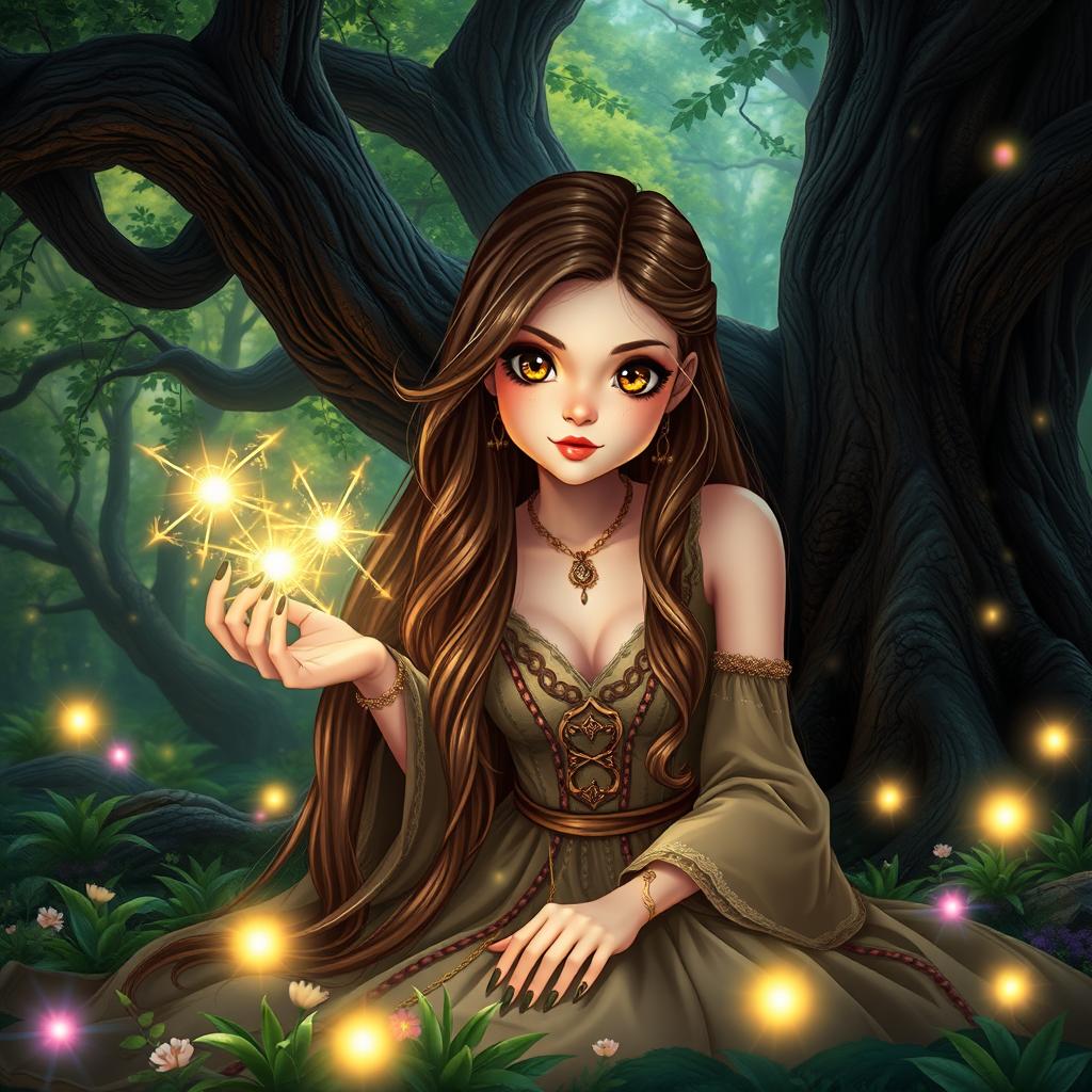 A beautiful woman with long brown hair and big round brown eyes, showcasing a cute and attractive face, sitting under a majestic tree