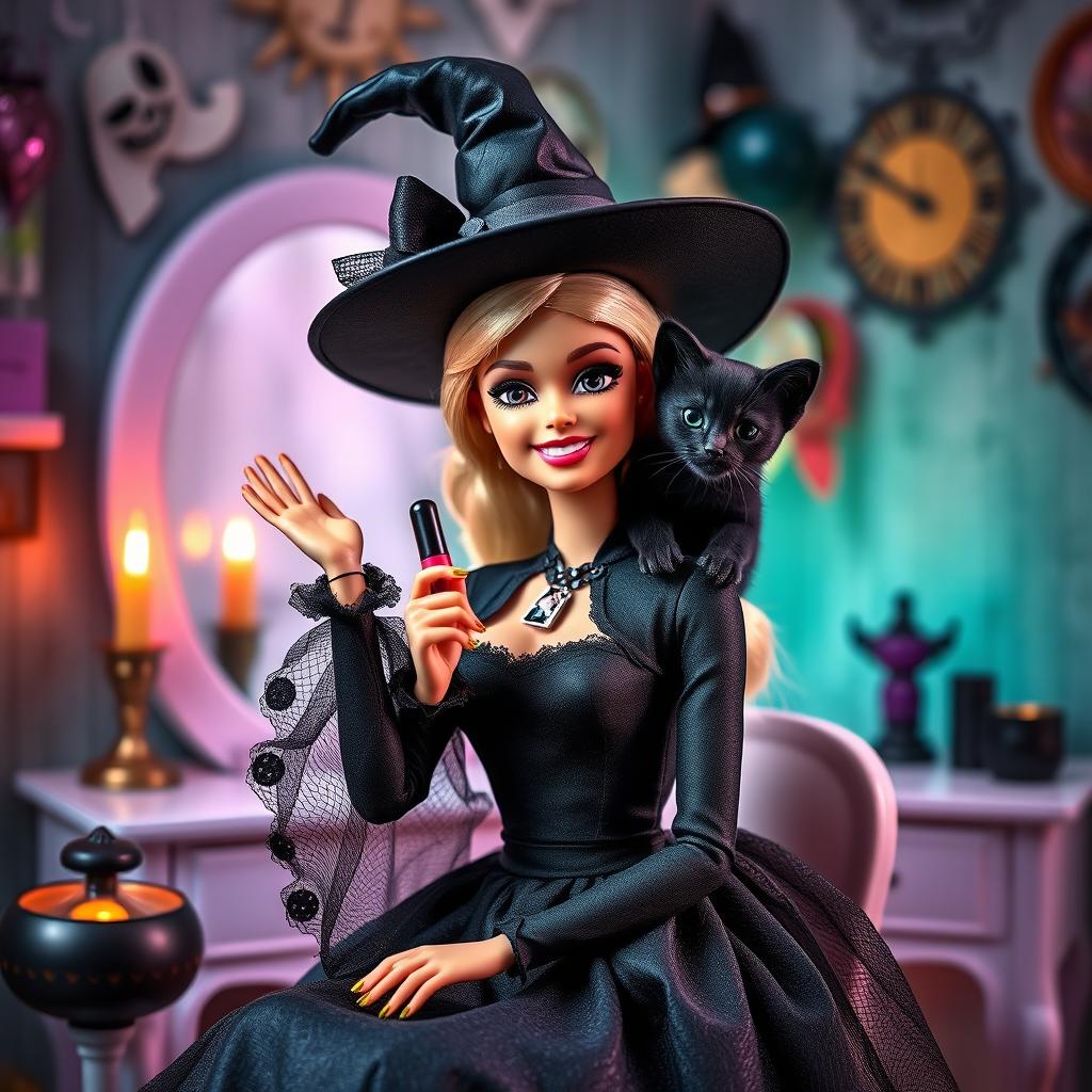 A young Barbie dressed as a dark witch, showcasing a modern witch wardrobe, seated in front of her vanity