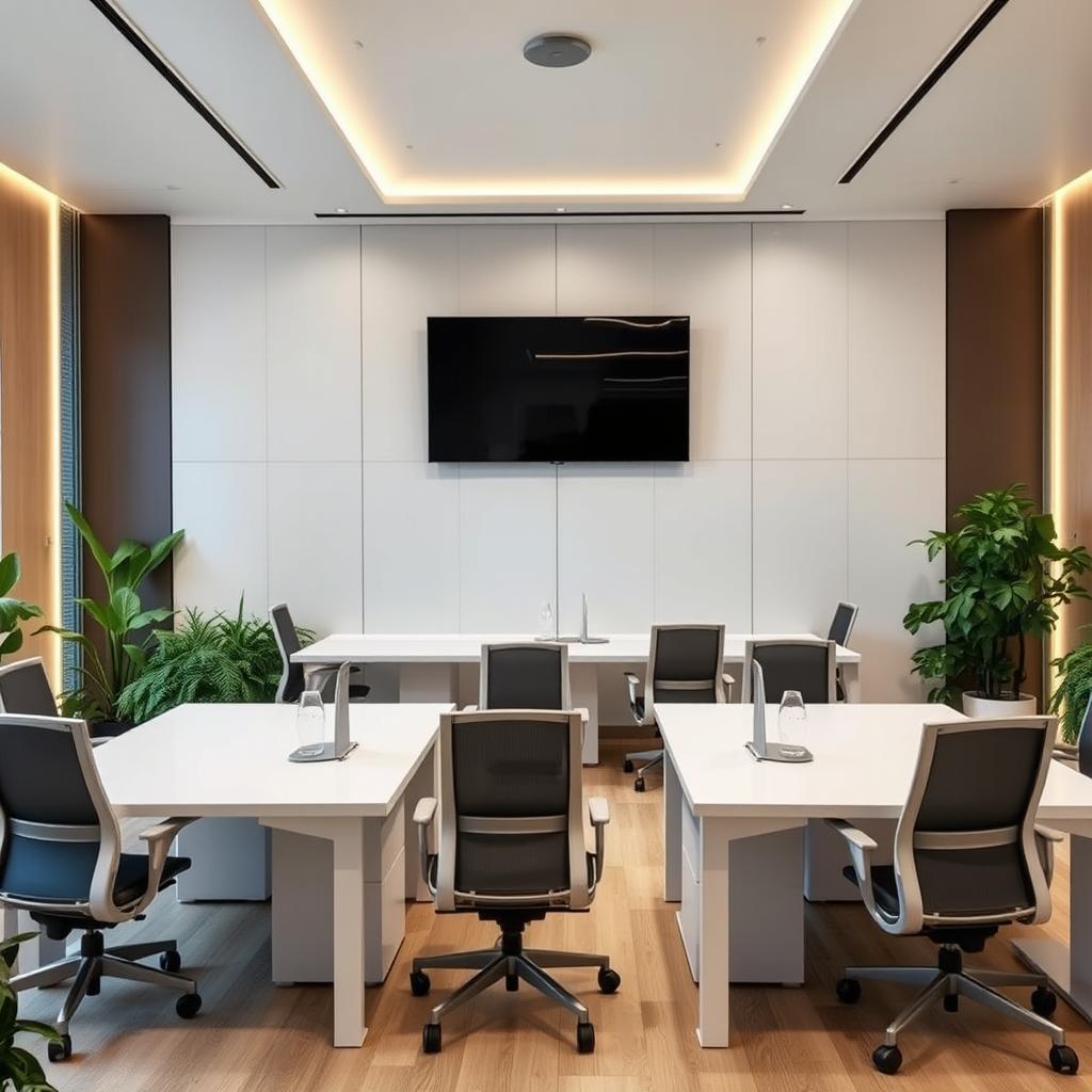 A modern coworking office space featuring elegant, white desks paired with ergonomic office chairs