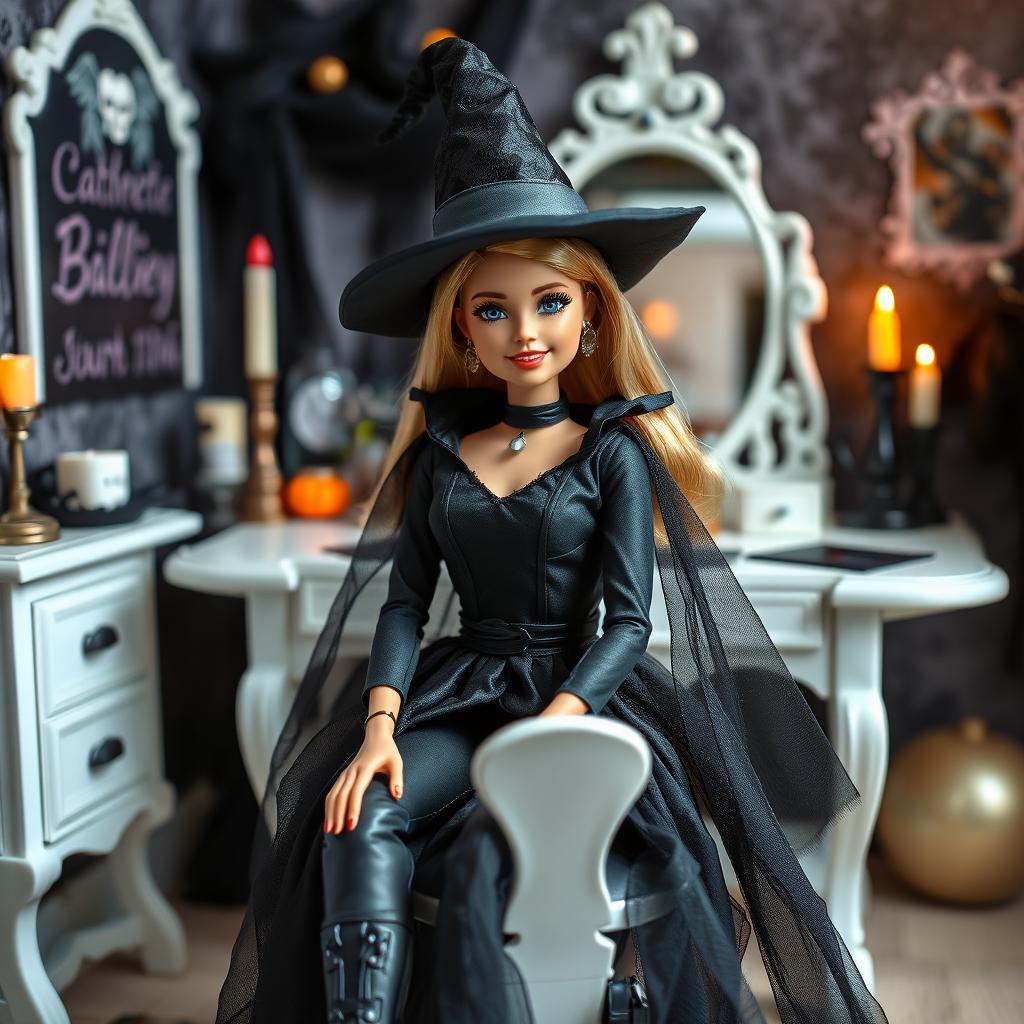 A young Barbie doll dressed in a modern dark witch outfit, sitting in front of her vanity table