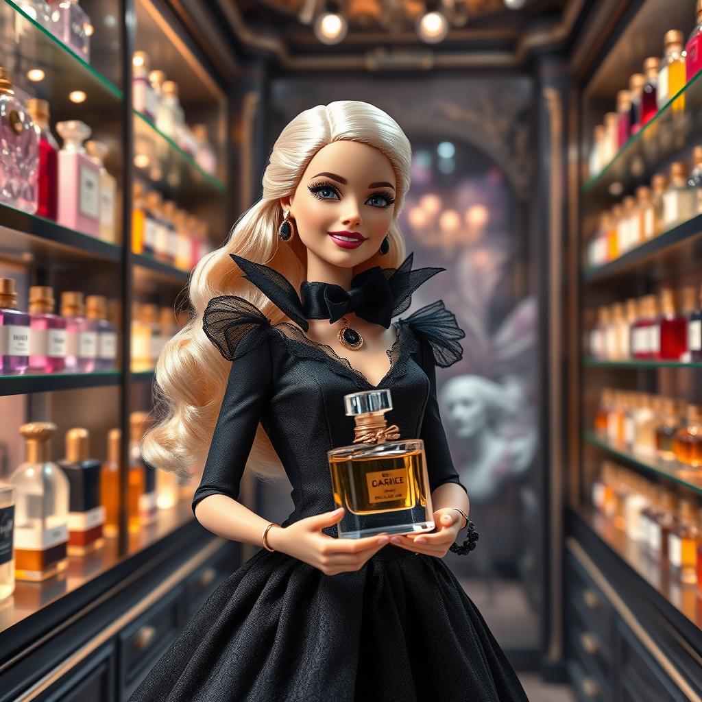 A Barbie doll in a luxurious perfumery, choosing perfumes