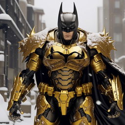 A handsome, gold-plated Batman in a detailed mecha suit, standing imposingly amidst a serene snowfall.