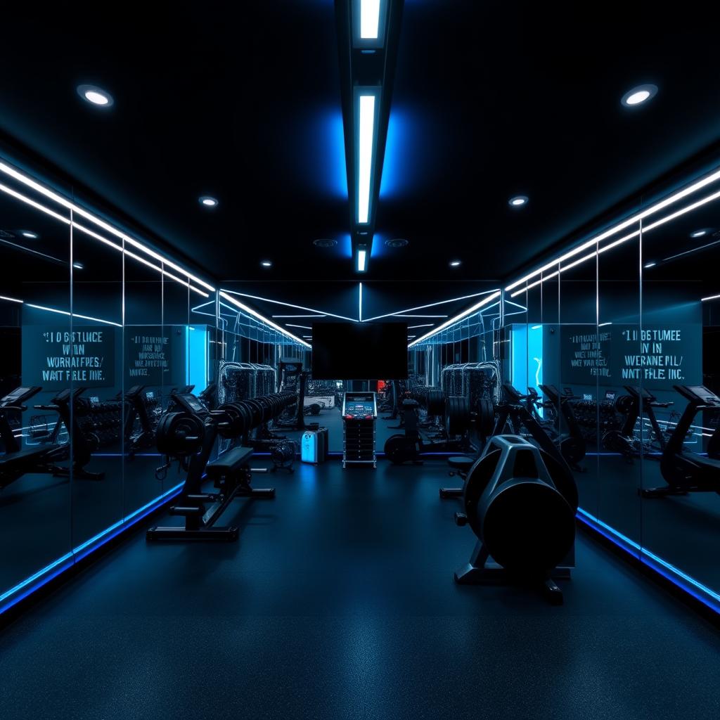 A modern functional gym featuring mirrors on all walls, creating a spacious and reflective environment