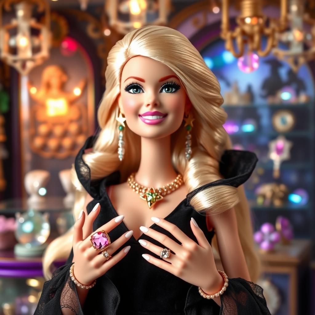 A radiant Barbie doll with her iconic blonde hair and a delighted expression, showcasing magical accessories to her friends or an audience