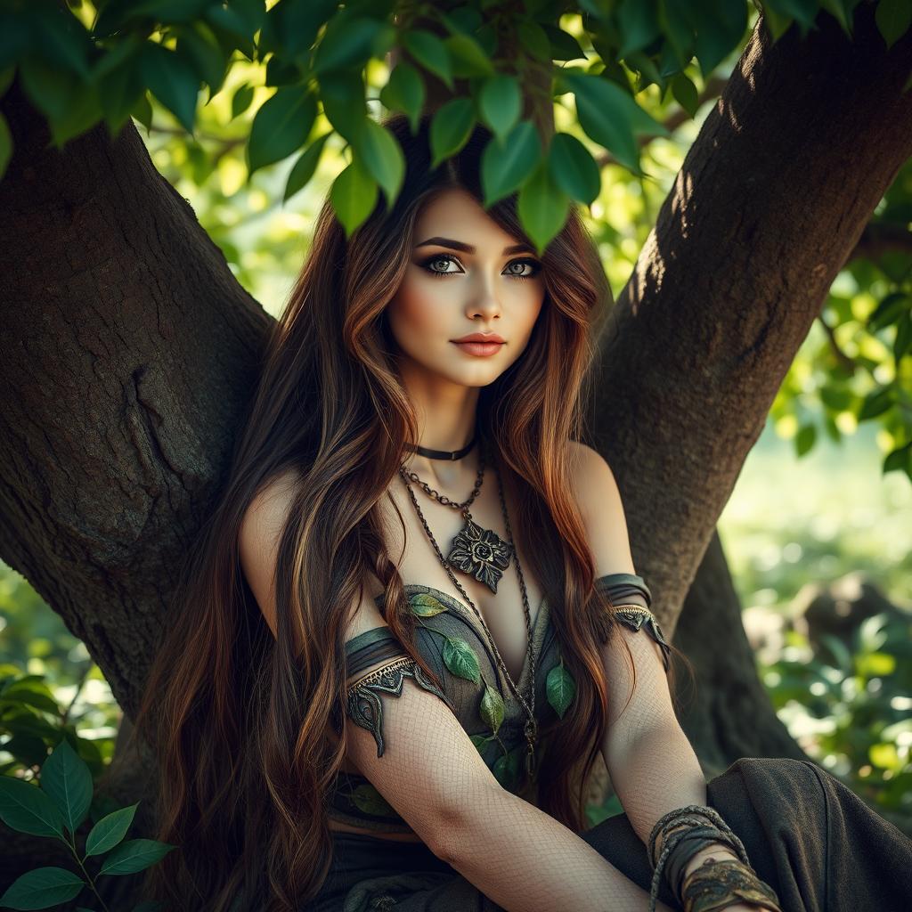 A stunning woman with long brown hair and large, round brown eyes, sitting gracefully under a lush green tree