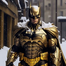 A handsome, gold-plated Batman in a detailed mecha suit, standing imposingly amidst a serene snowfall.