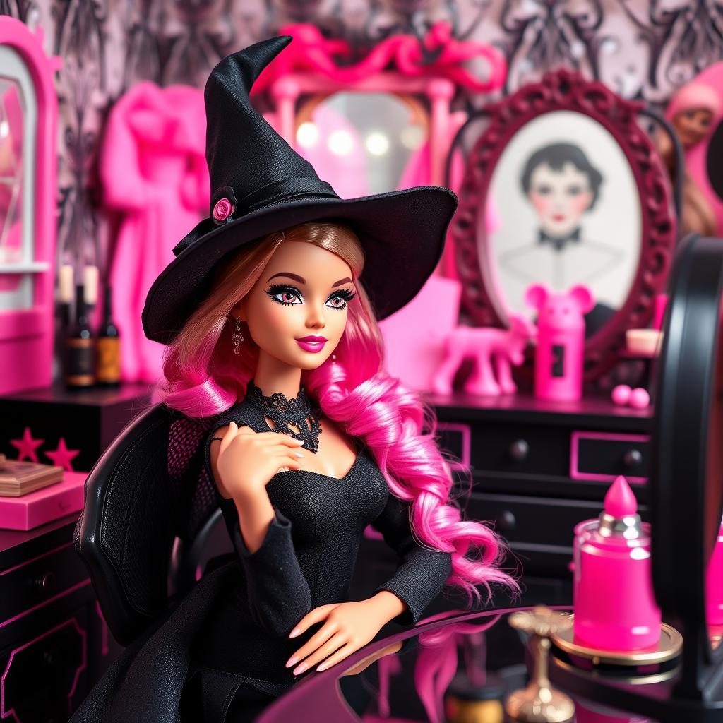 A young Barbie styled as a dark witch, dressed in modern witch fashion, sitting in front of her vanity while holding a lipstick in one hand