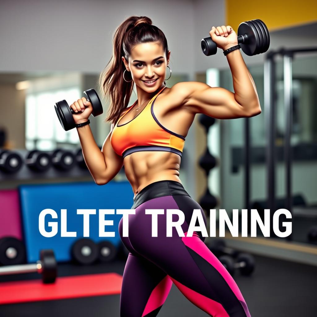 A vibrant fitness thumbnail displaying an athletic woman with a defined physique and uplifted glutes in a dynamic glute training pose