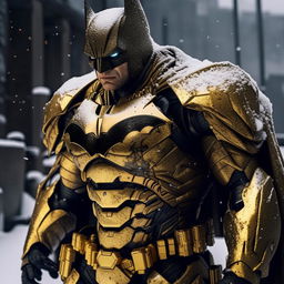 A cinematic and dramatically lit photograph of a handsome, gold-plated Batman in a detailed mecha suit standing imposingly in serene, falling snow.