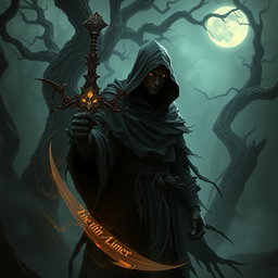 A shadowy, mysterious Shadar-Kai Hexblade Warlock, clad in dark, tattered robes that blend into swirling shadows, grasping a glowing, ornate sword infused with eldritch energy
