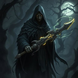 A shadowy, mysterious Shadar-Kai Hexblade Warlock, clad in dark, tattered robes that blend into swirling shadows, grasping a glowing, ornate sword infused with eldritch energy
