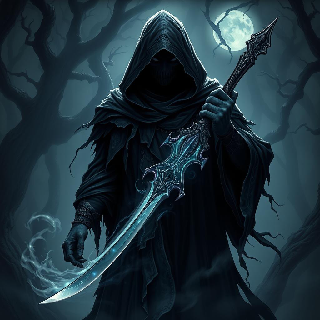 A shadowy, mysterious Shadar-Kai Hexblade Warlock, clad in dark, tattered robes that blend into swirling shadows, grasping a glowing, ornate sword infused with eldritch energy