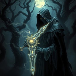 A shadowy, mysterious Shadar-Kai Hexblade Warlock, clad in dark, tattered robes that blend into swirling shadows, grasping a glowing, ornate sword infused with eldritch energy