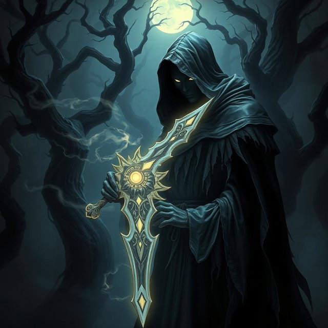 A shadowy, mysterious Shadar-Kai Hexblade Warlock, clad in dark, tattered robes that blend into swirling shadows, grasping a glowing, ornate sword infused with eldritch energy