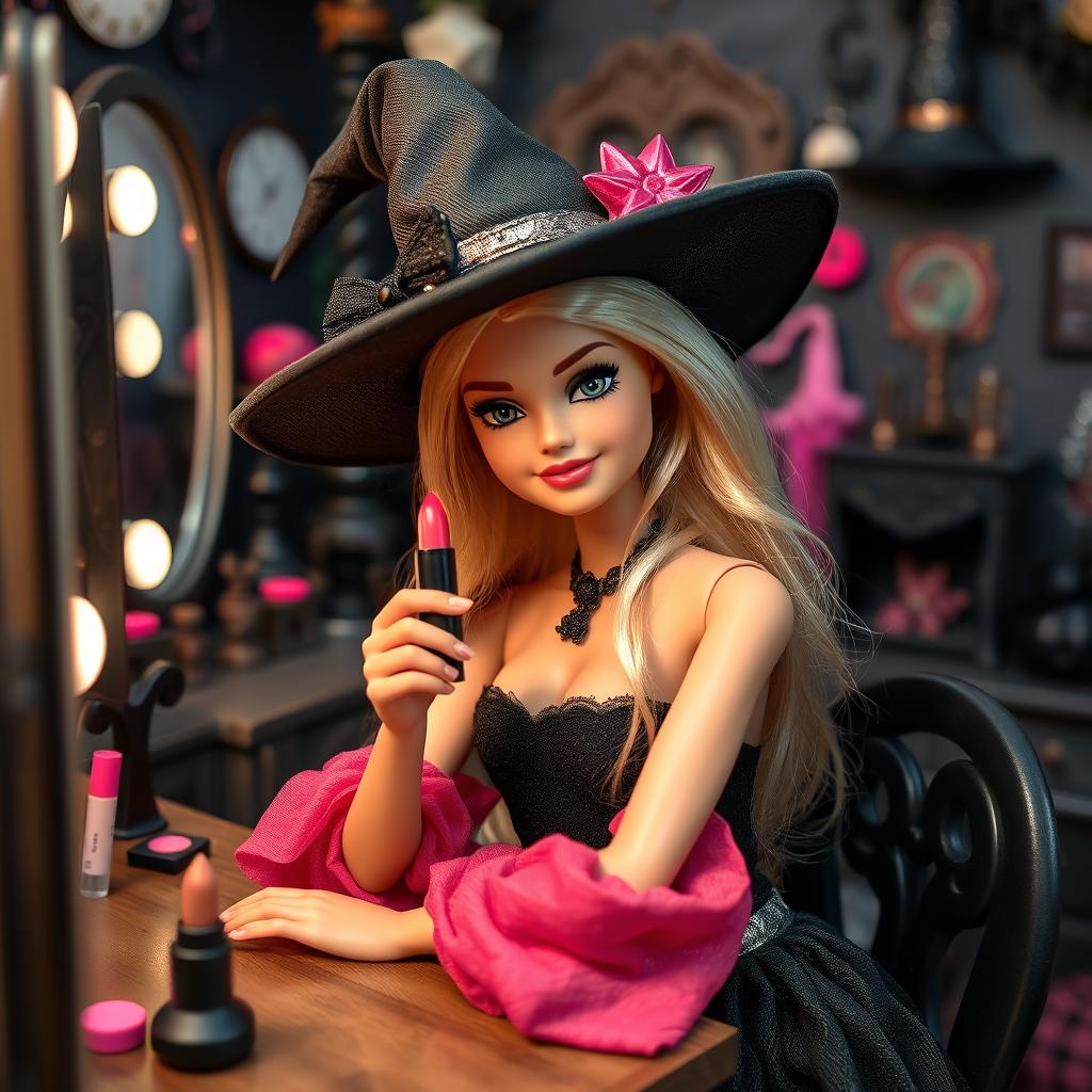 A young Barbie dressed as a dark witch in a modern witch outfit, sitting in front of her vanity holding a lipstick in her hand