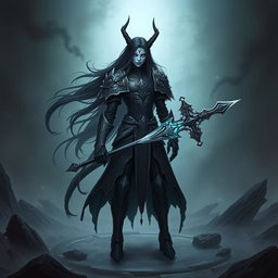 A Shadar-Kai Hexblade Warlock character, featuring a mysterious and dark figure with pale skin and long, flowing black hair
