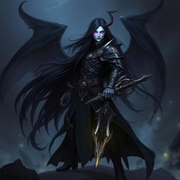 A Shadar-Kai Hexblade Warlock character, featuring a mysterious and dark figure with pale skin and long, flowing black hair
