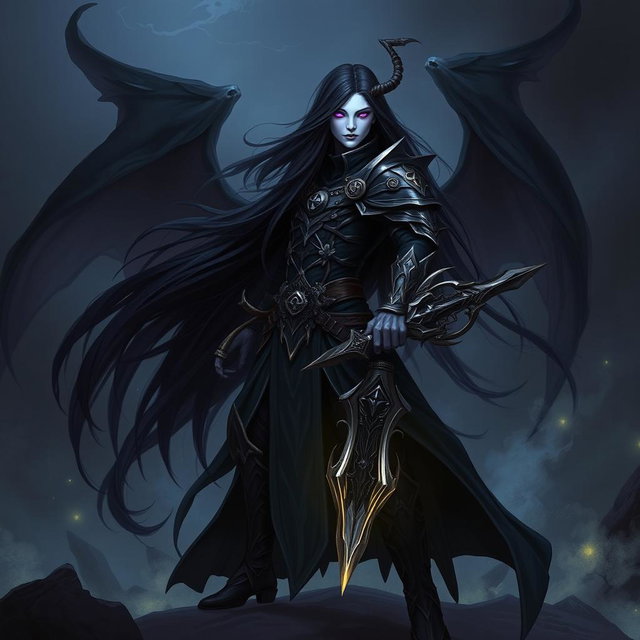 A Shadar-Kai Hexblade Warlock character, featuring a mysterious and dark figure with pale skin and long, flowing black hair