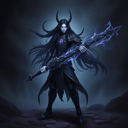 A Shadar-Kai Hexblade Warlock character, featuring a mysterious and dark figure with pale skin and long, flowing black hair