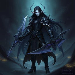 A Shadar-Kai Hexblade Warlock character, featuring a mysterious and dark figure with pale skin and long, flowing black hair