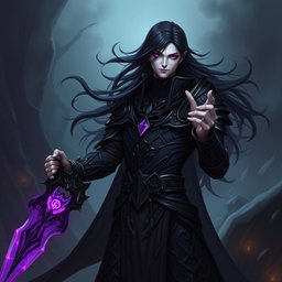 A male Shadar-Kai Hexblade Warlock character, showcasing a mysterious and dark figure with pale skin and long, flowing black hair