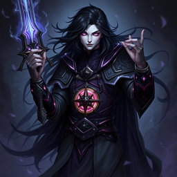 A male Shadar-Kai Hexblade Warlock character, showcasing a mysterious and dark figure with pale skin and long, flowing black hair