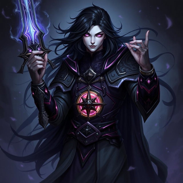 A male Shadar-Kai Hexblade Warlock character, showcasing a mysterious and dark figure with pale skin and long, flowing black hair