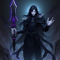 A male Shadar-Kai Hexblade Warlock character, showcasing a mysterious and dark figure with pale skin and long, flowing black hair