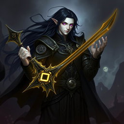 A male Shadar-Kai Hexblade Warlock character, showcasing a mysterious and dark figure with pale skin and long, flowing black hair