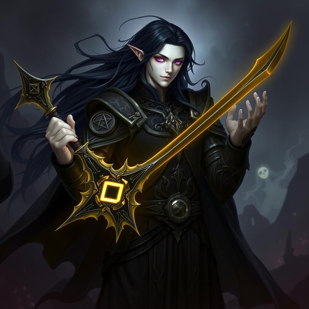 A male Shadar-Kai Hexblade Warlock character, showcasing a mysterious and dark figure with pale skin and long, flowing black hair