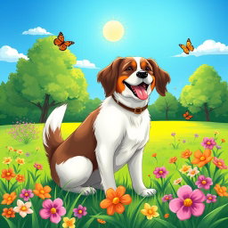 A beautifully illustrated dog with a shiny coat, sitting playfully in a vibrant green park