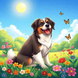 A beautifully illustrated dog with a shiny coat, sitting playfully in a vibrant green park
