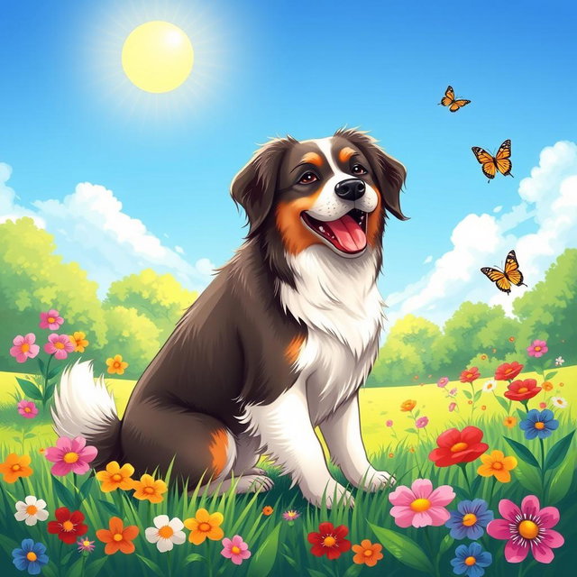 A beautifully illustrated dog with a shiny coat, sitting playfully in a vibrant green park