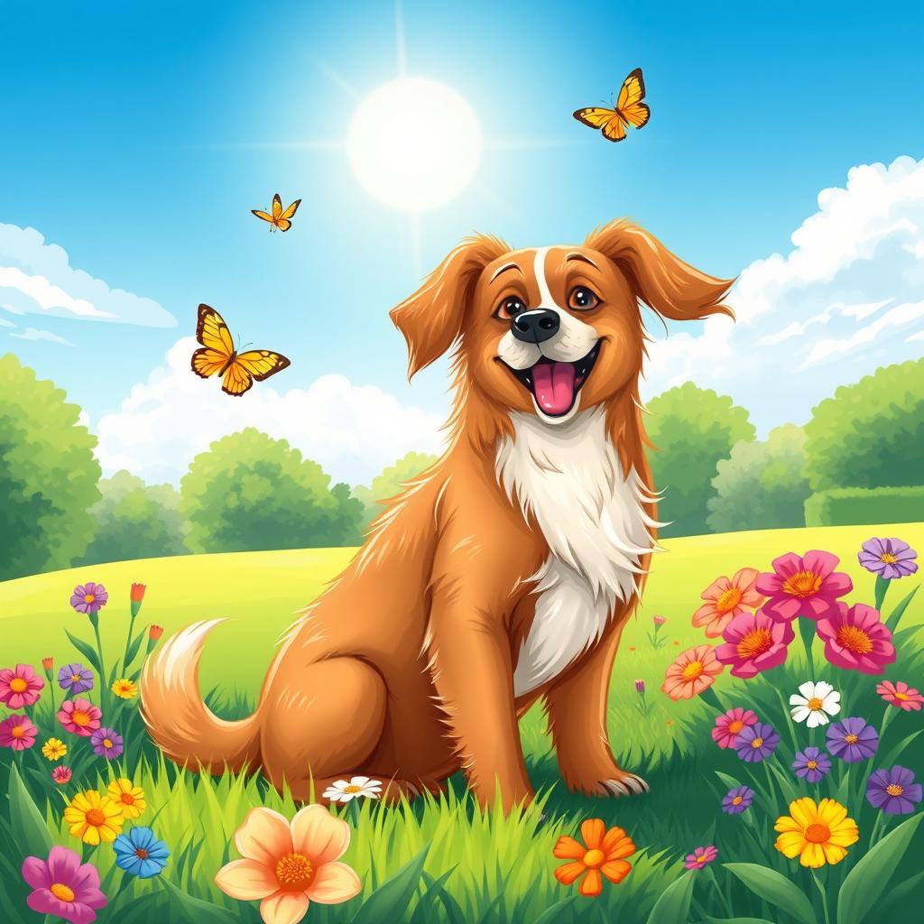 A beautifully illustrated dog with a shiny coat, sitting playfully in a vibrant green park