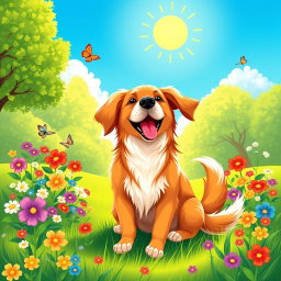 A beautifully illustrated dog with a shiny coat, sitting playfully in a vibrant green park
