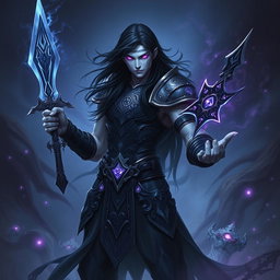 A male Shadar-Kai Hexblade Warlock, embodying a strong and masculine figure with pale skin and long, flowing black hair