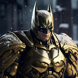 A cinematic and dramatically lit photograph of a handsome, gold-plated Batman in a detailed mecha suit standing imposingly in serene, falling snow.