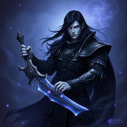 A male Shadar-Kai Hexblade Warlock, embodying a strong and masculine figure with pale skin and long, flowing black hair
