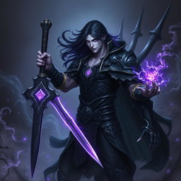 A male Shadar-Kai Hexblade Warlock, embodying a strong and masculine figure with pale skin and long, flowing black hair