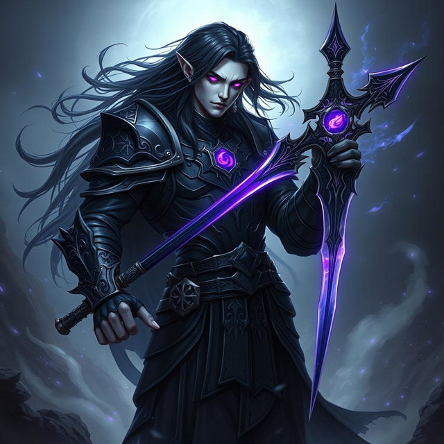 A male Shadar-Kai Hexblade Warlock, embodying a strong and masculine figure with pale skin and long, flowing black hair
