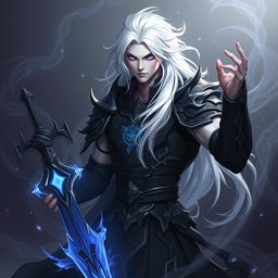 A male Shadar-Kai Hexblade Warlock character, showcasing a strong and masculine figure with pale skin and striking white hair that flows like a silken river