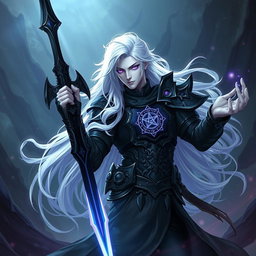 A male Shadar-Kai Hexblade Warlock character, showcasing a strong and masculine figure with pale skin and striking white hair that flows like a silken river