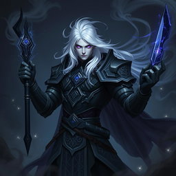 A male Shadar-Kai Hexblade Warlock character, showcasing a strong and masculine figure with pale skin and striking white hair that flows like a silken river